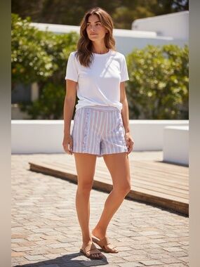 LOFT High-Waist Striped Pull-On Shorts in White, Blue & Pink